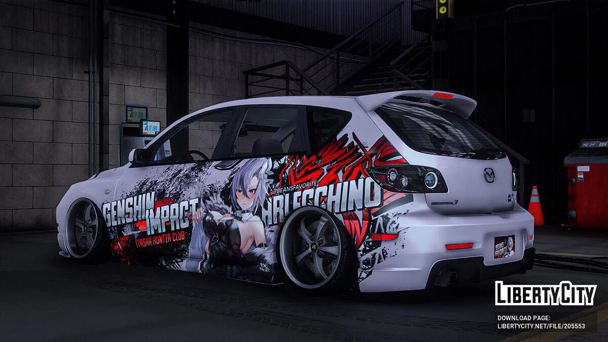 [Itasha] 2009 Mazda Speed 3 «Genshin Impact» Arlecchino paintjob / GTA 5