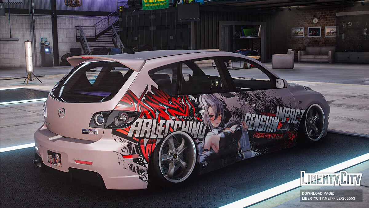 [Itasha] 2009 Mazda Speed 3 «Genshin Impact» Arlecchino paintjob / GTA 5