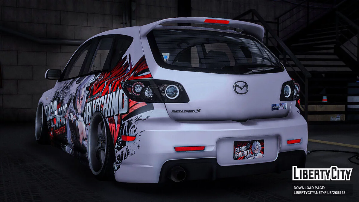 [Itasha] 2009 Mazda Speed 3 «Genshin Impact» Arlecchino paintjob / GTA 5
