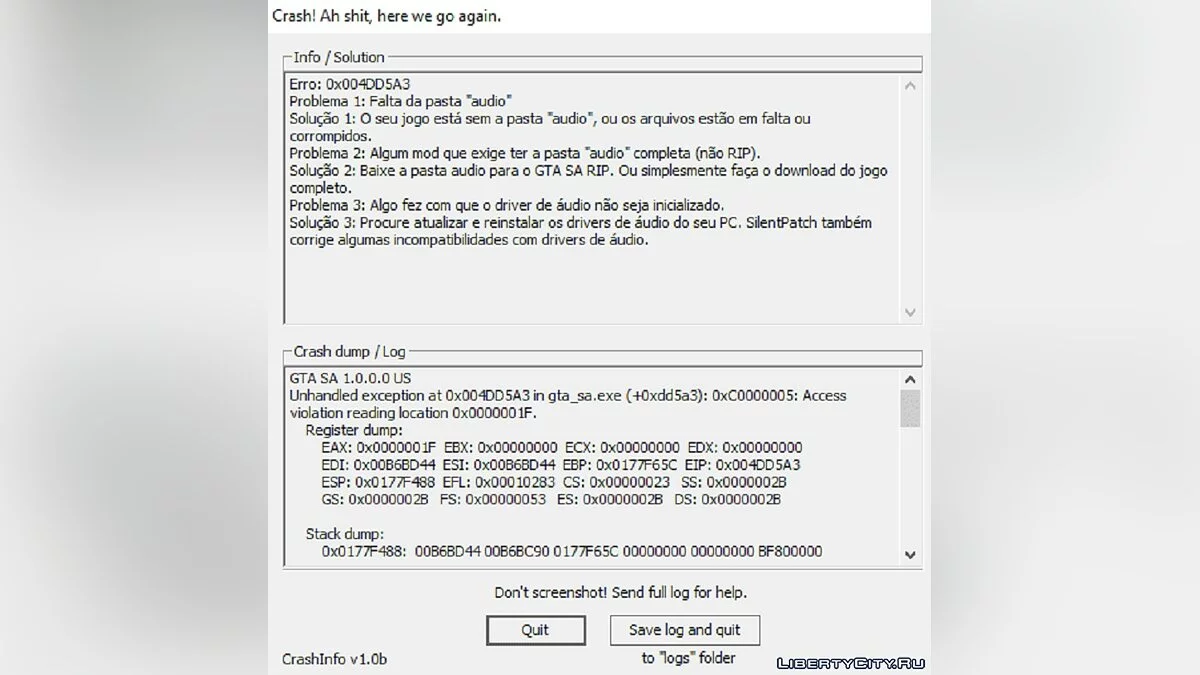 CrashInfo - проблема и способ ее устранения v1.2 [GTA3 и VC] / GTA San Andreas