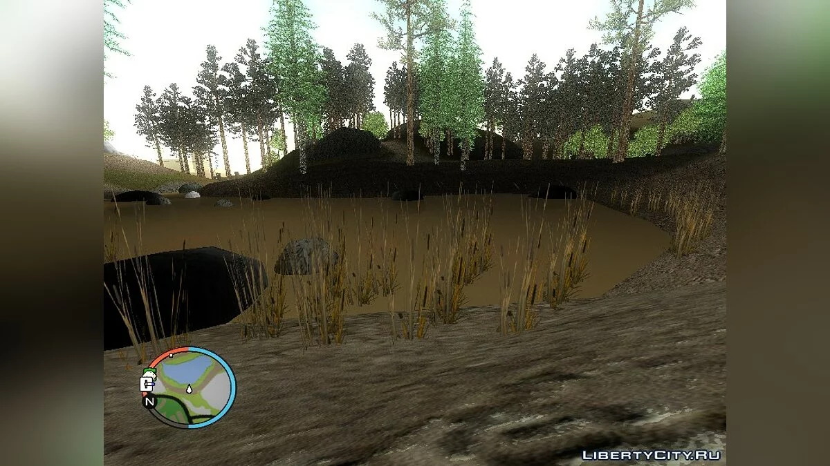 Вишнёвый сад, хвойный лес и заросший камышами грязный пруд / GTA San Andreas