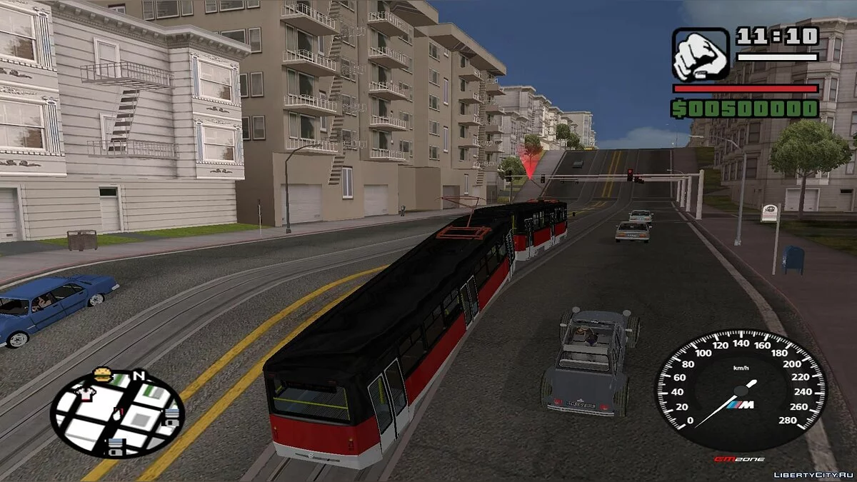 Трамваи в Сан-Фиерро в траффике, с остановками - по двум путям / GTA San Andreas