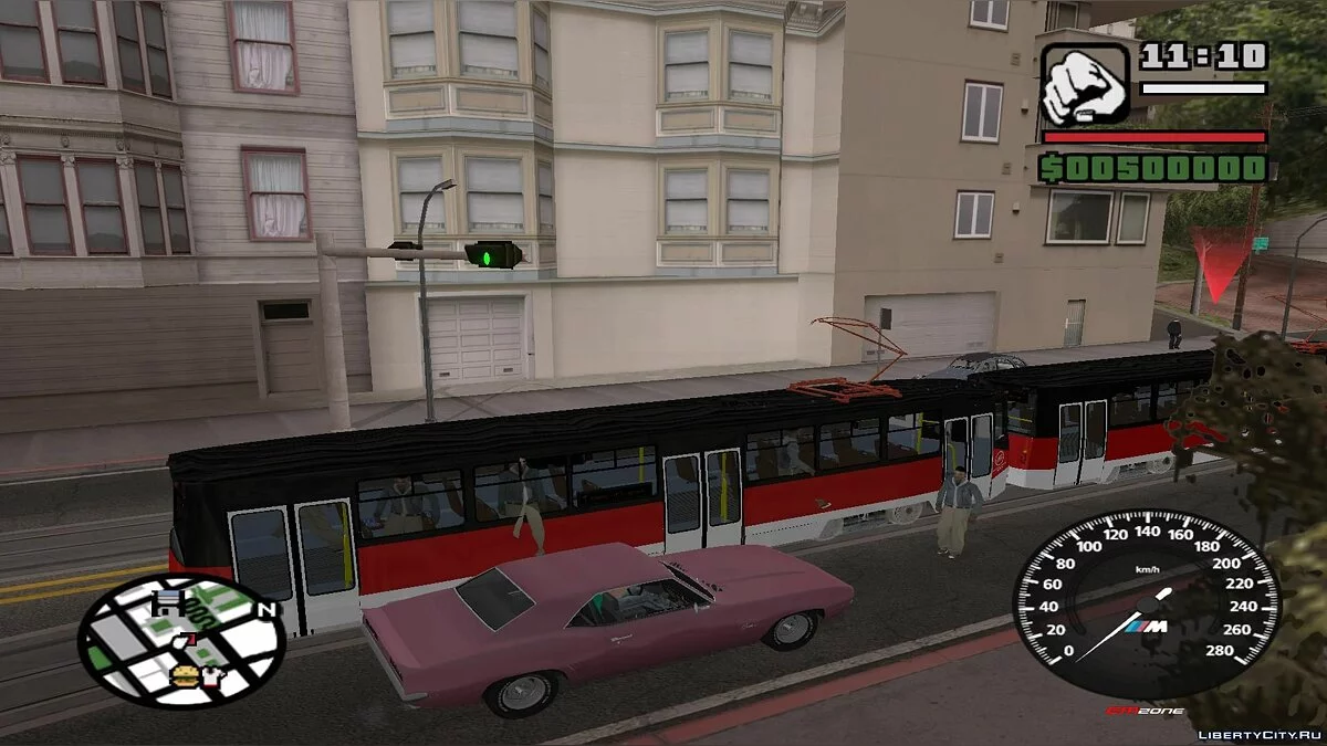 Трамваи в Сан-Фиерро в траффике, с остановками - по двум путям / GTA San Andreas