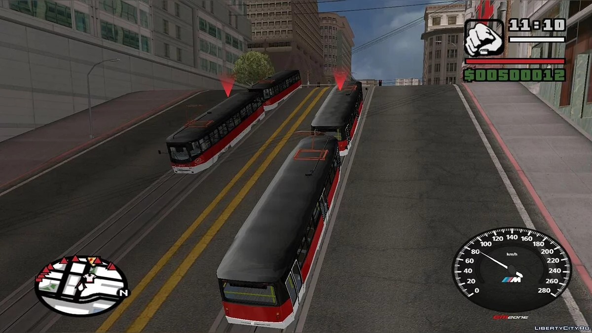Трамваи в Сан-Фиерро в траффике, с остановками - по двум путям / GTA San Andreas