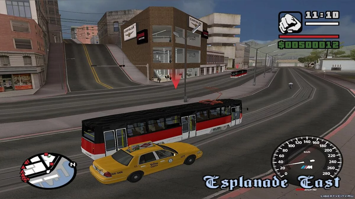 Трамваи в Сан-Фиерро в траффике, с остановками - по двум путям / GTA San Andreas