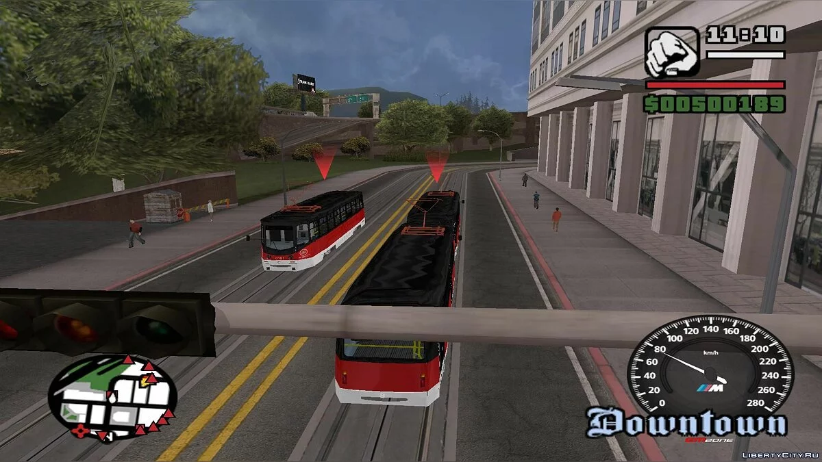 Трамваи в Сан-Фиерро в траффике, с остановками - по двум путям / GTA San Andreas